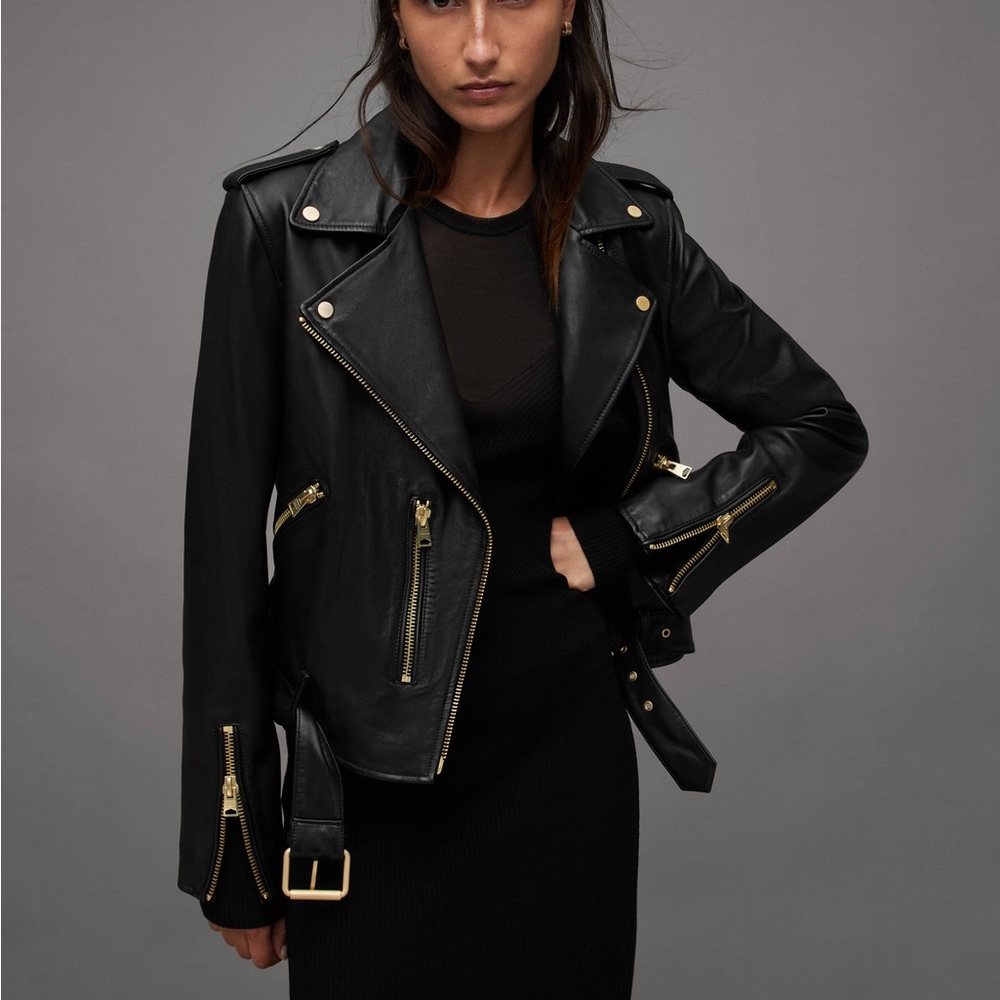Allsaints Balfern Belted Hem leather biker jacket- Black/gold zipper- Size US 8